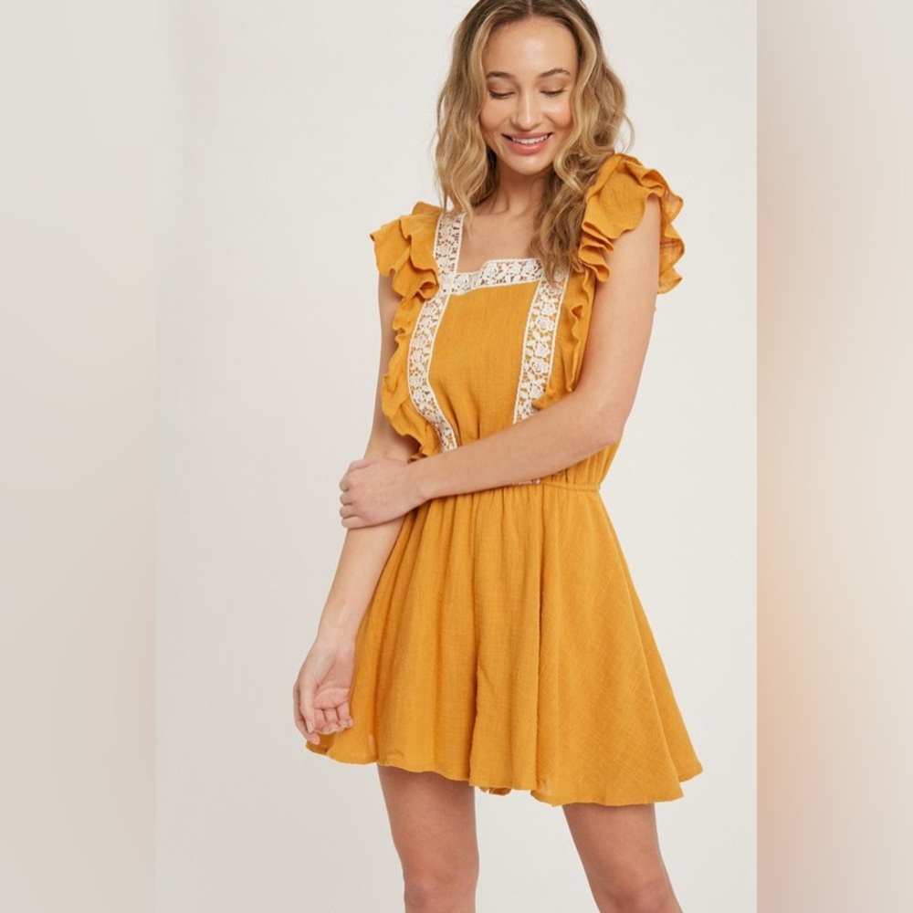 Yellow linen cotton ruffled lace boho bohemian western keyhole back romper